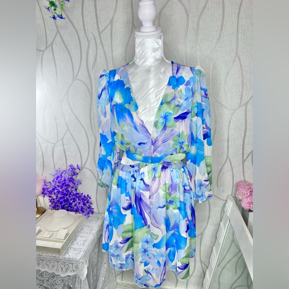 🎀 Vibrant Blue Floral Cutout Flounce Sleeve Dress 🎀
